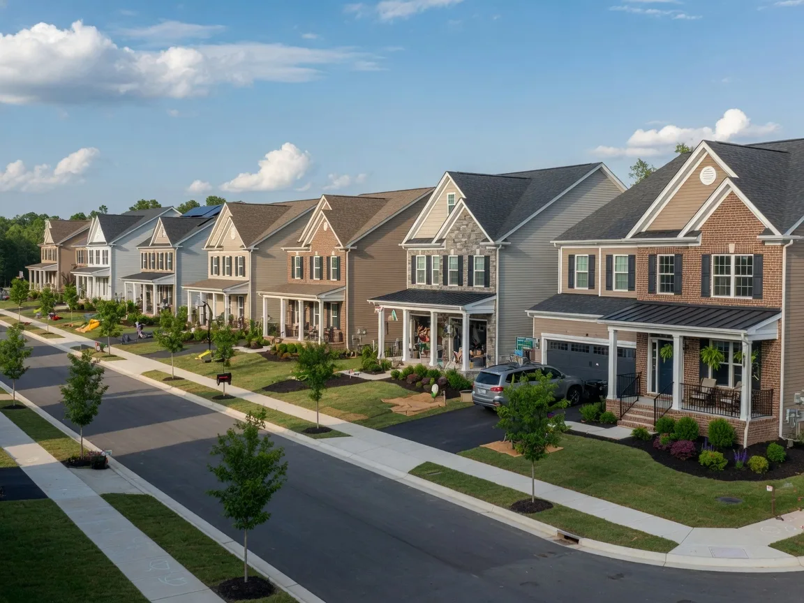 New construction homes in Ashburn Virginia with traditional and transitional architecture, brick and siding exteriors, in a family master-planned Loudoun County community