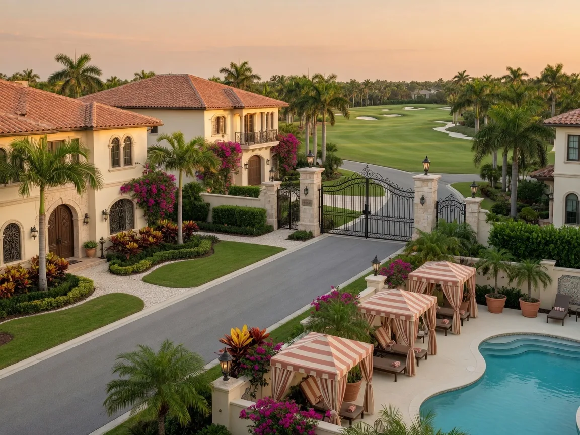 Luxury new construction community in North Naples with Mediterranean-revival homes, barrel tile roofs, tropical landscaping, and resort-style pool