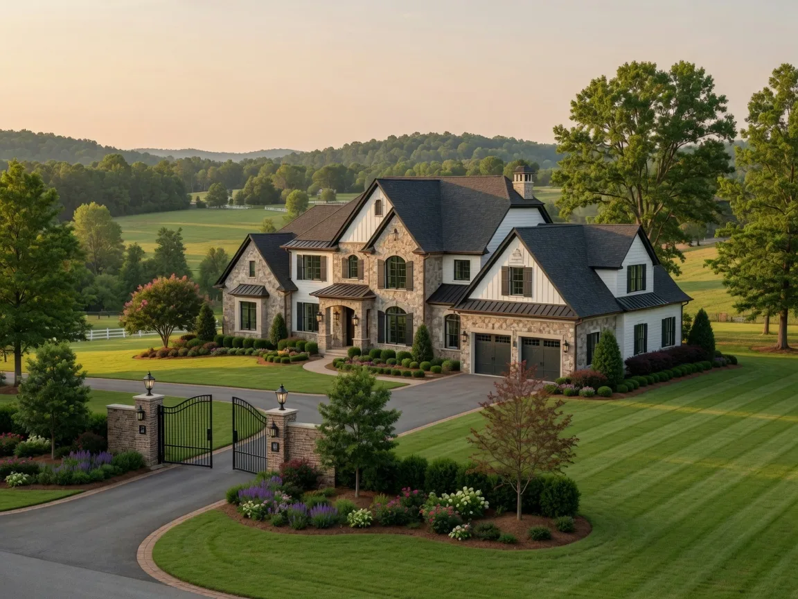 Luxury new construction estate home in Brentwood Tennessee with stone and siding architecture, gated entrance, and premium landscaping on a large Williamson County lot