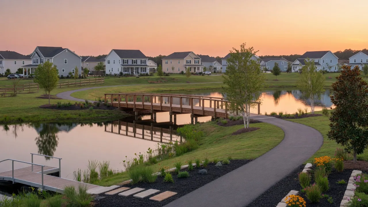 Walking trail and greenway park in the Cary, North Carolina area with mature trees and landscaped paths