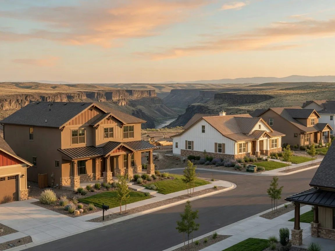 New construction craftsman and traditional homes in Twin Falls Idaho with high desert terrain and Snake River Canyon views