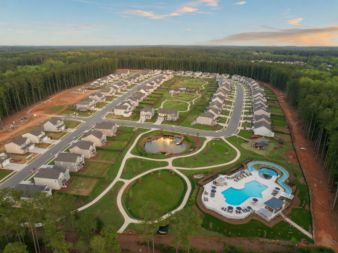 Aerial view of a master-planned new construction community in the Charlotte area