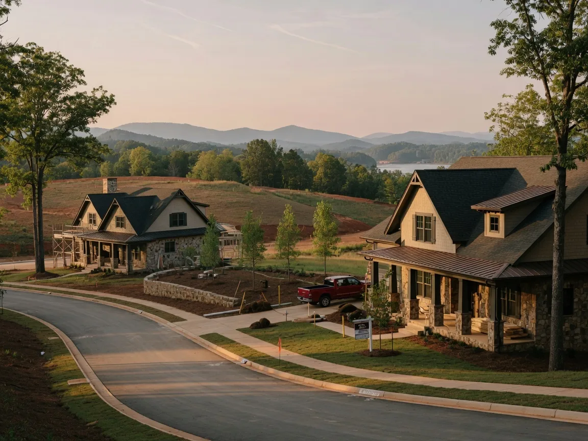 New construction craftsman-style homes in Gainesville with North Georgia foothills terrain and mature trees