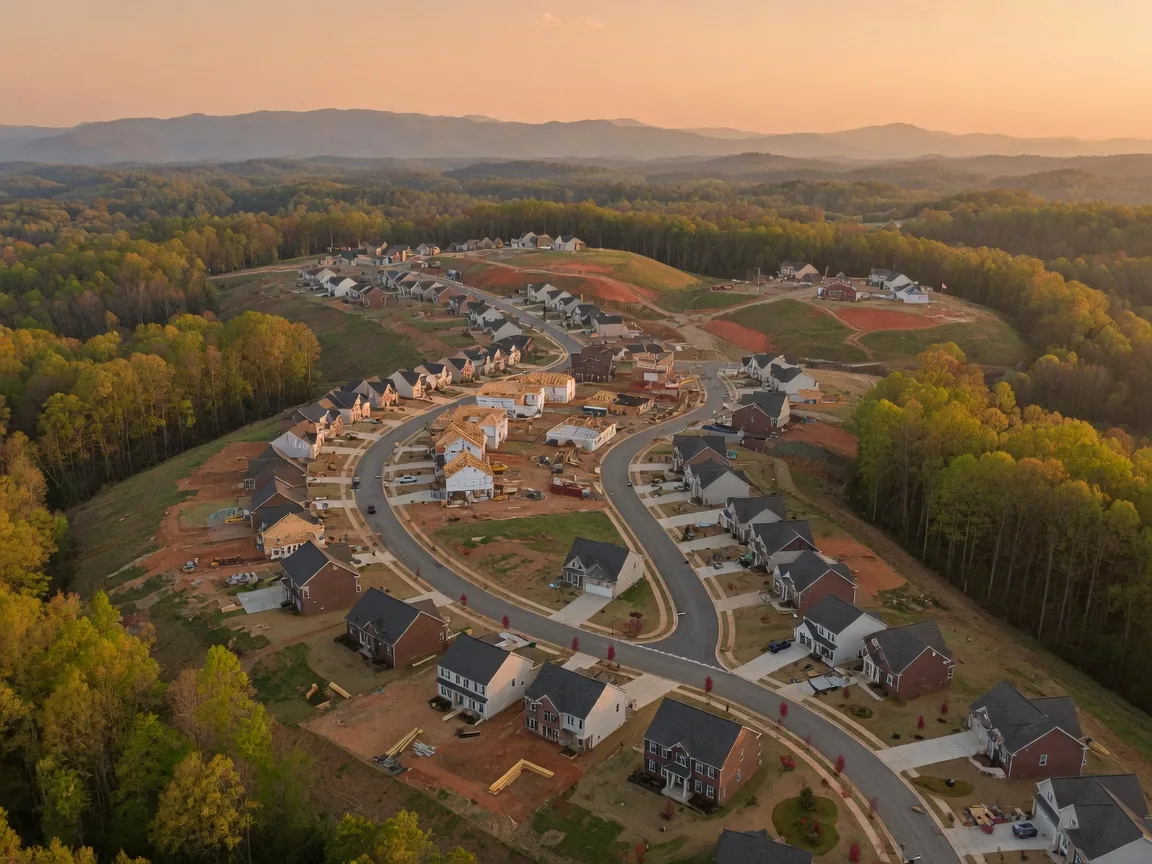 New construction suburban community in Spartanburg SC with brick homes on rolling terrain surrounded by hardwood forests