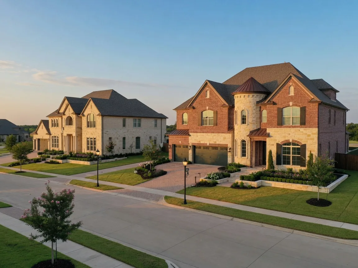 Luxury new construction estates in Prosper with stone and brick exteriors on large North Texas lots