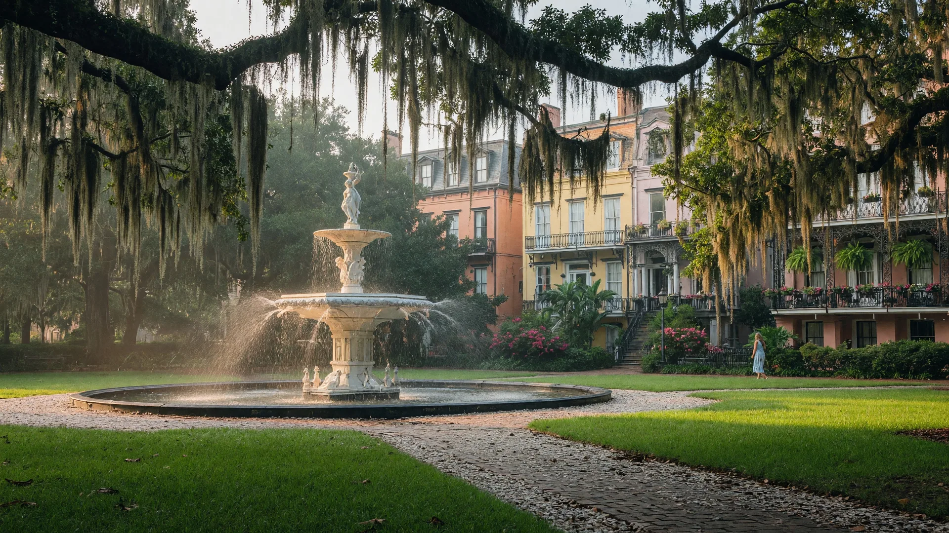 Savannah's iconic Forsyth Park fountain with live oak trees draped in Spanish moss and historic mansions in the background