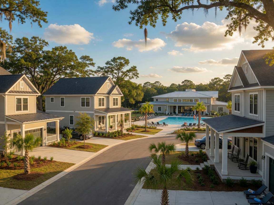 Coastal new construction community with craftsman-style homes and live oak trees near Wilmington, North Carolina