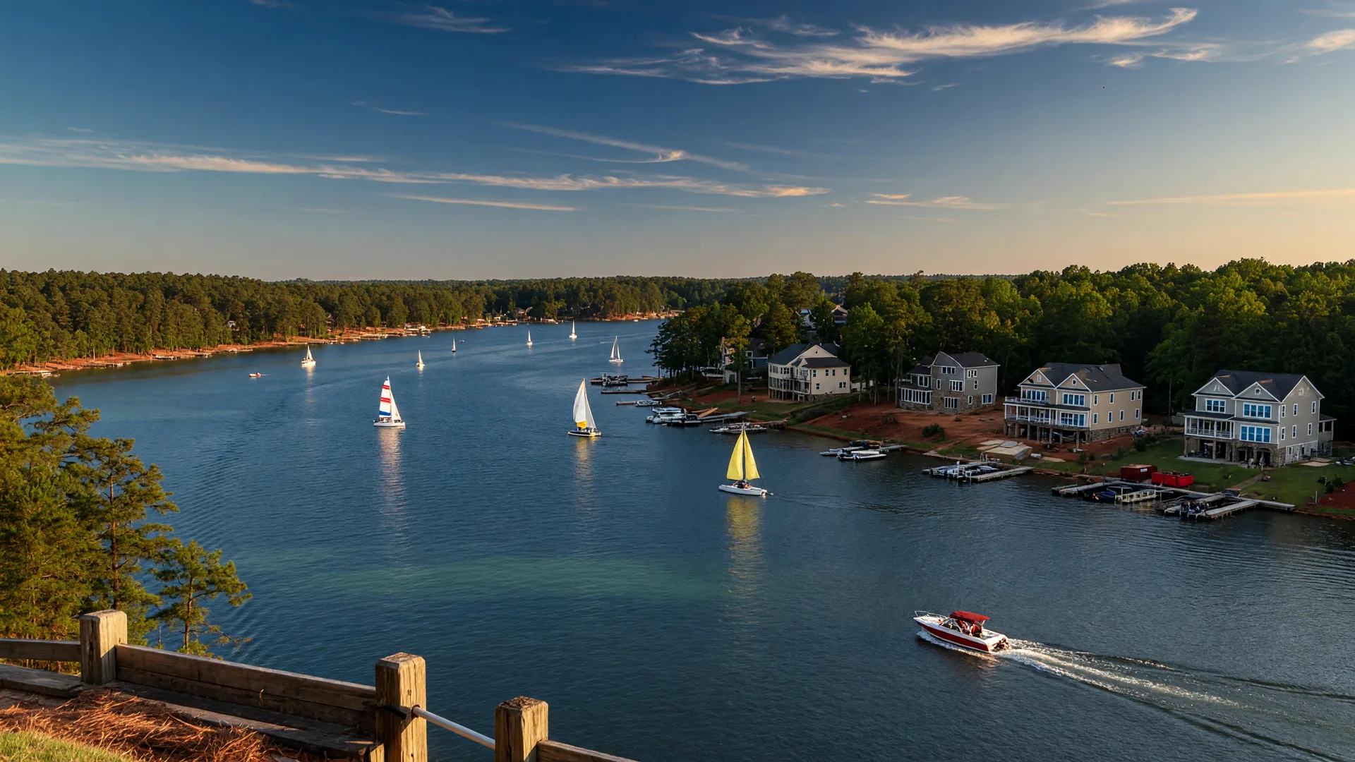 Scenic view of Lake Norman shoreline near Mooresville, North Carolina with blue water, sailboats, and tree-lined shores on a sunny afternoon