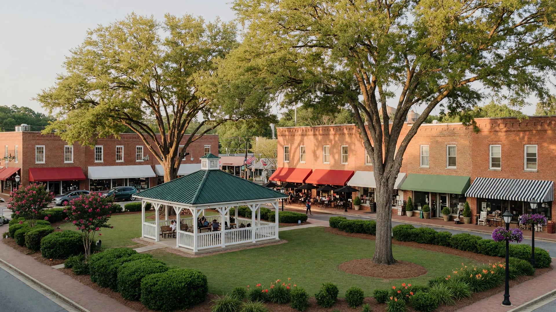 Suwanee's charming downtown Town Center with the green, pavilion, and surrounding shops and restaurants