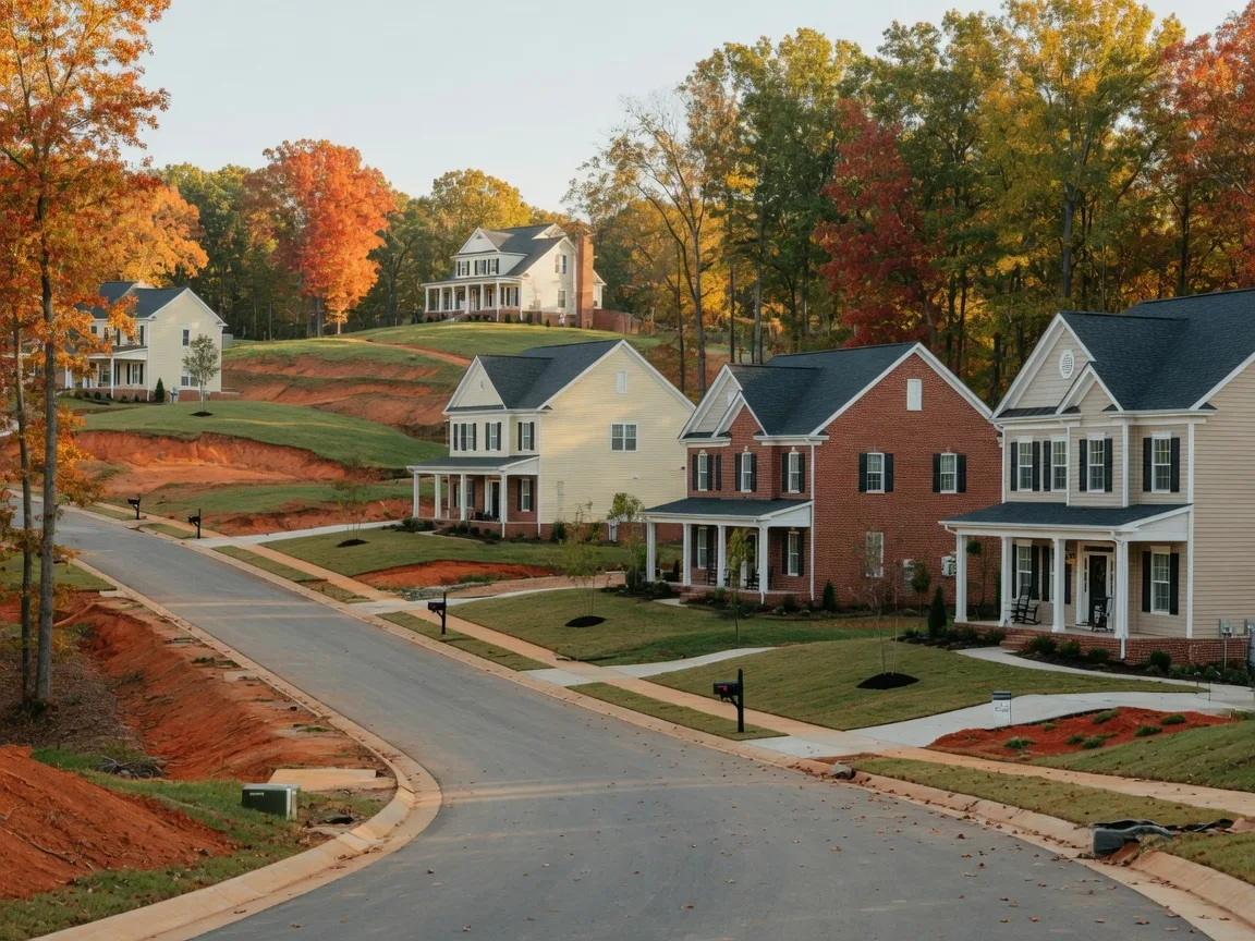 New construction homes in Richmond Virginia with traditional and colonial-style architecture, brick and siding exteriors, set on rolling Piedmont hills with mature hardwoods