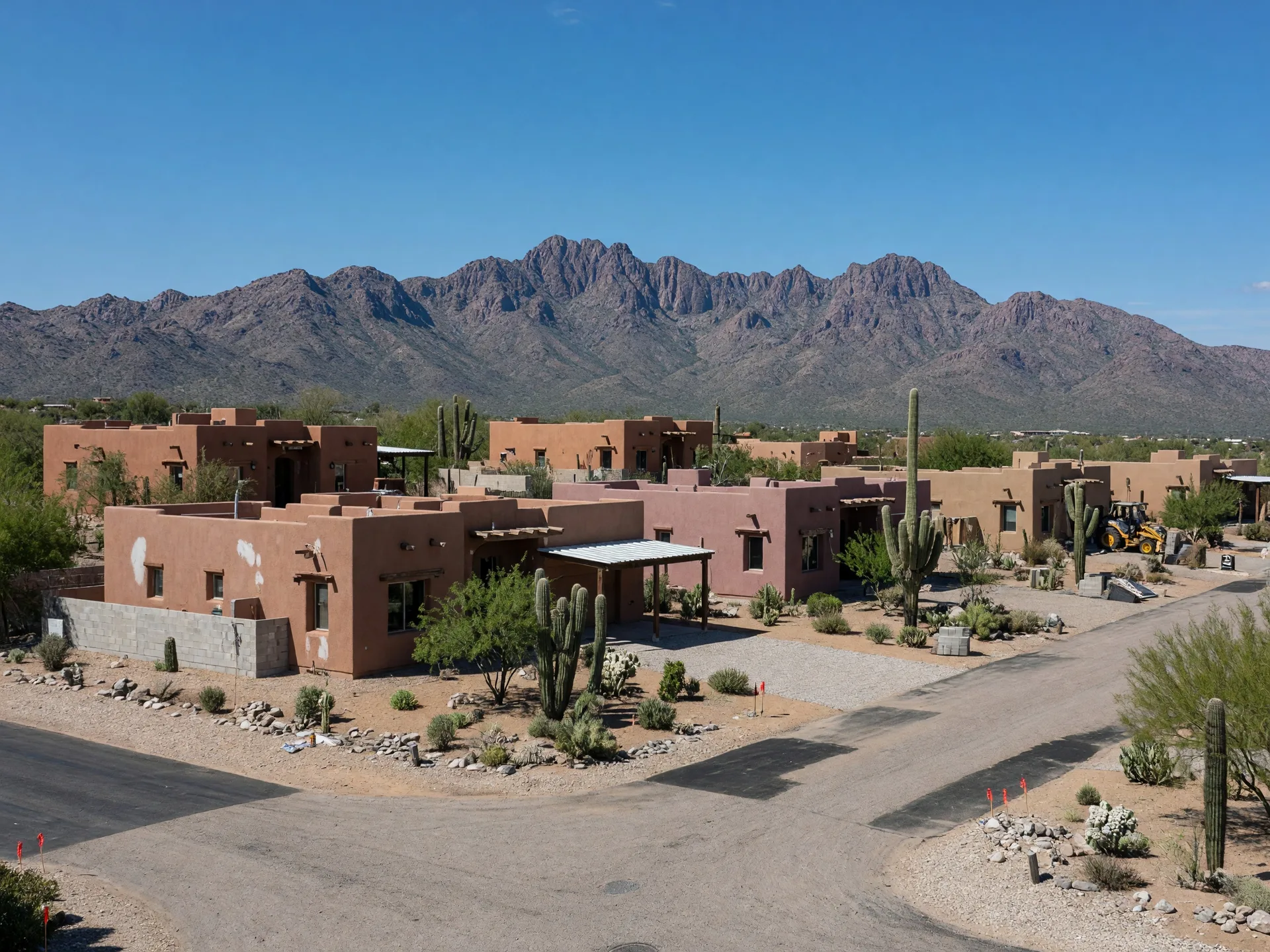 Tucson-style new construction with adobe-influenced stucco homes, Catalina Mountain backdrop, and larger saguaros in natural Sonoran Desert landscaping