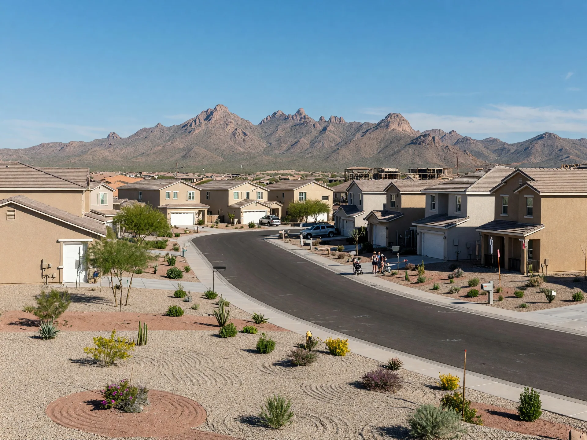 New construction community in Queen Creek with San Tan Mountain views, stucco homes, xeriscaping, and a young growing neighborhood feel