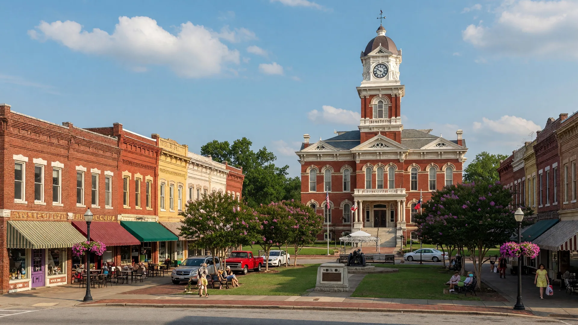 Newnan's historic downtown square with the Coweta County Courthouse, Victorian-era buildings, and tree-lined streets