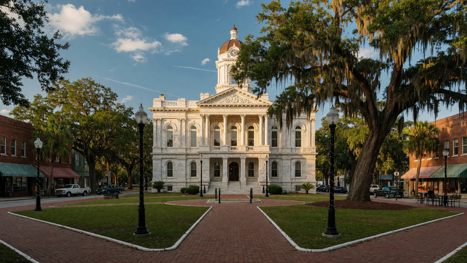 Historic downtown Ocala, Florida — the iconic marble Marion County Courthouse with tree-lined streets, brick pathways, and live oaks draped with Spanish moss