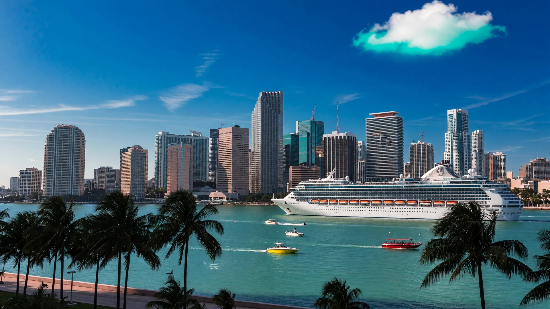 Dramatic Miami skyline along Biscayne Bay with Brickell and Downtown towers, palm trees, and turquoise water