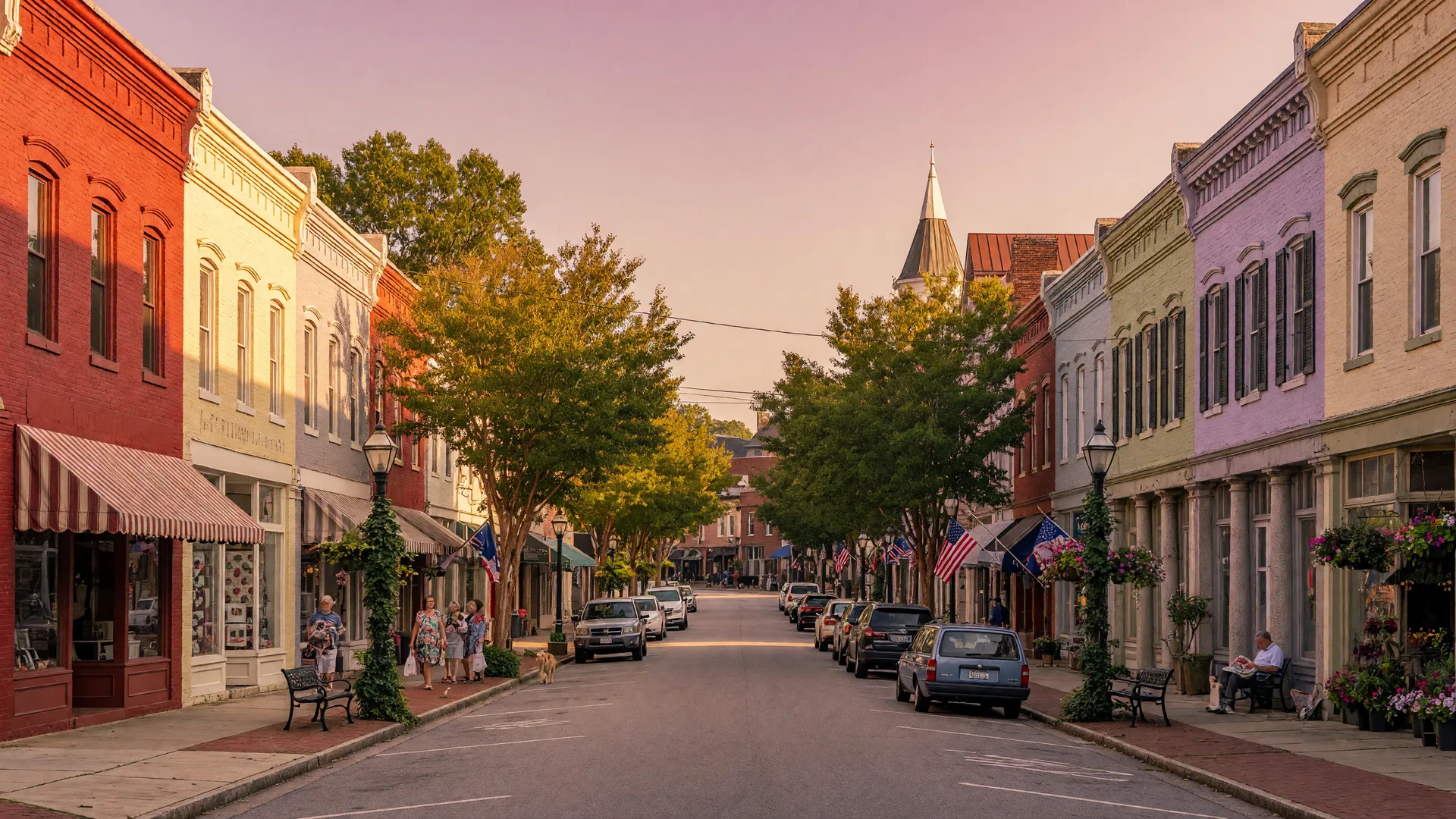 Fort Mill South Carolina's charming downtown Main Street with historic buildings and tree-lined sidewalks