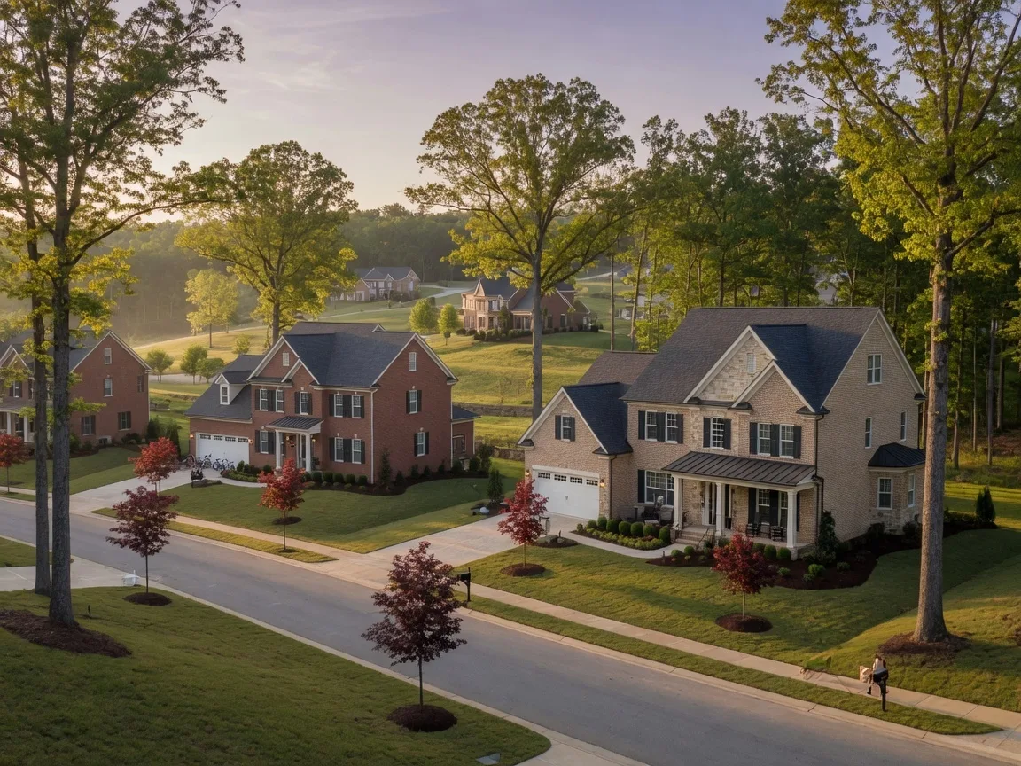 New construction homes in Midlothian Virginia with upscale traditional and transitional architecture, brick and stone exteriors, set on rolling Piedmont terrain near Swift Creek Reservoir with mature hardwood trees