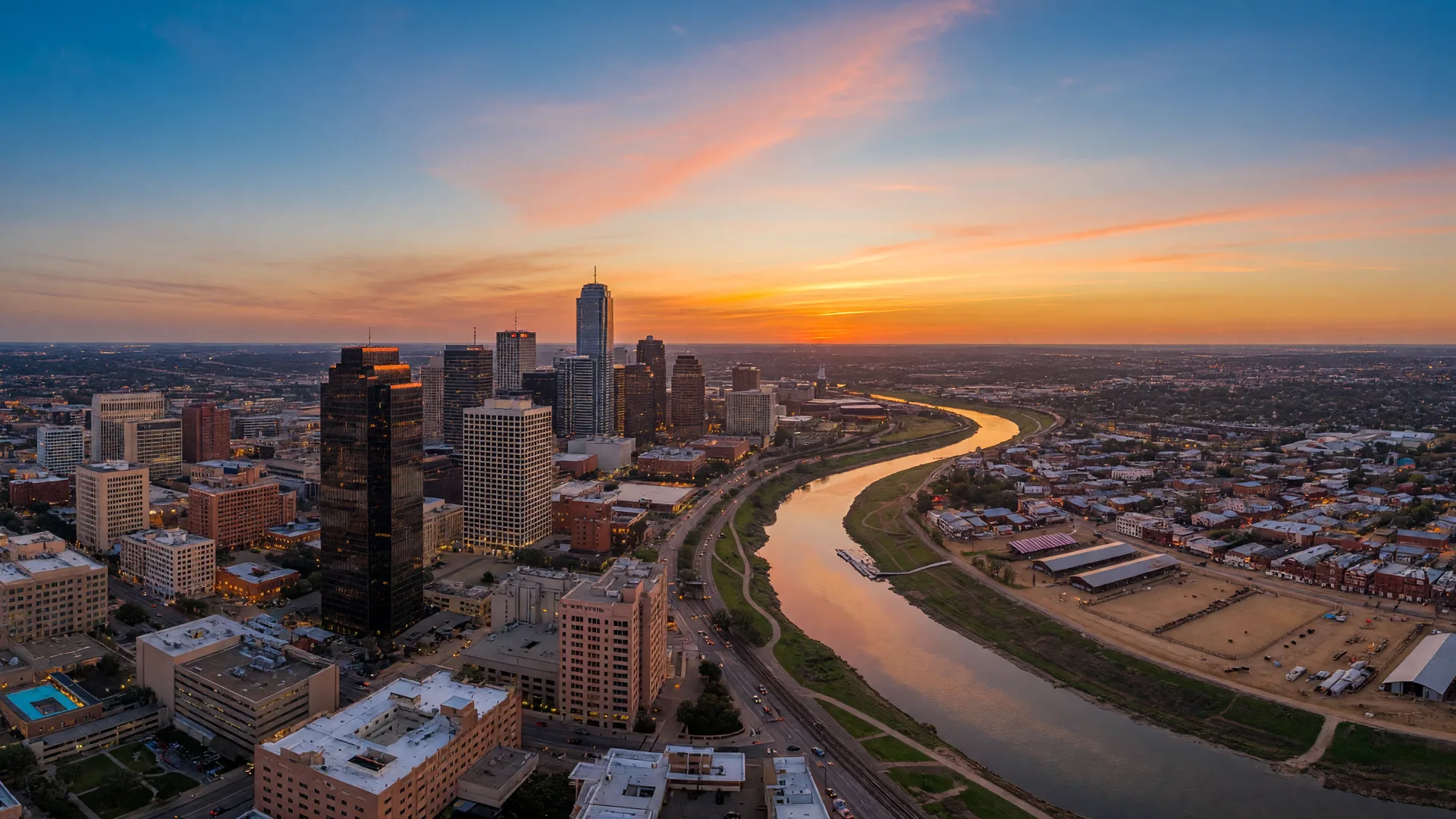 Fort Worth Texas skyline at sunset with the Trinity River and modern downtown buildings
