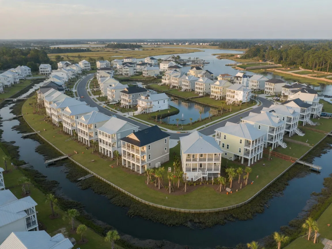 New construction Low Country suburban community in Mount Pleasant SC with elevated coastal homes, porches, palmettos, and tidal creek surroundings