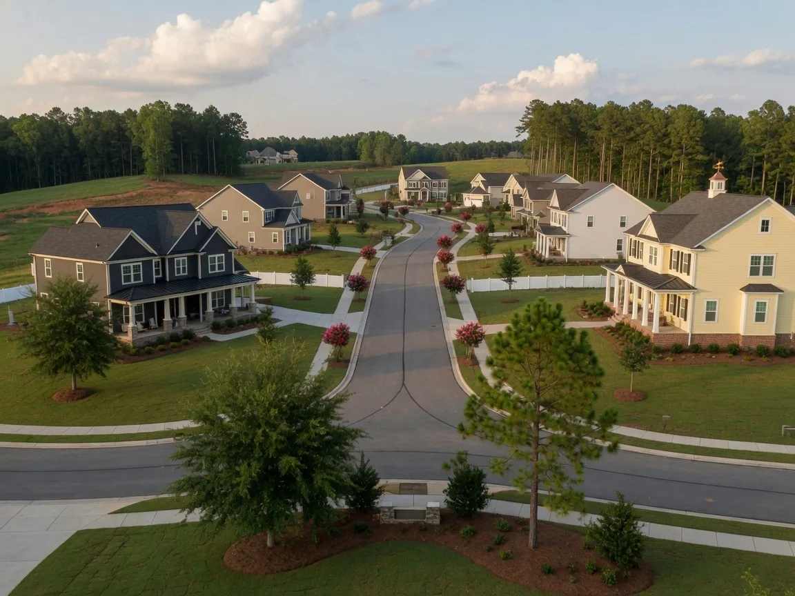 Stately single-family new construction homes on tree-lined suburban streets in northern Wake County, North Carolina near Wake Forest — Piedmont terrain with hardwood forests and green lawns