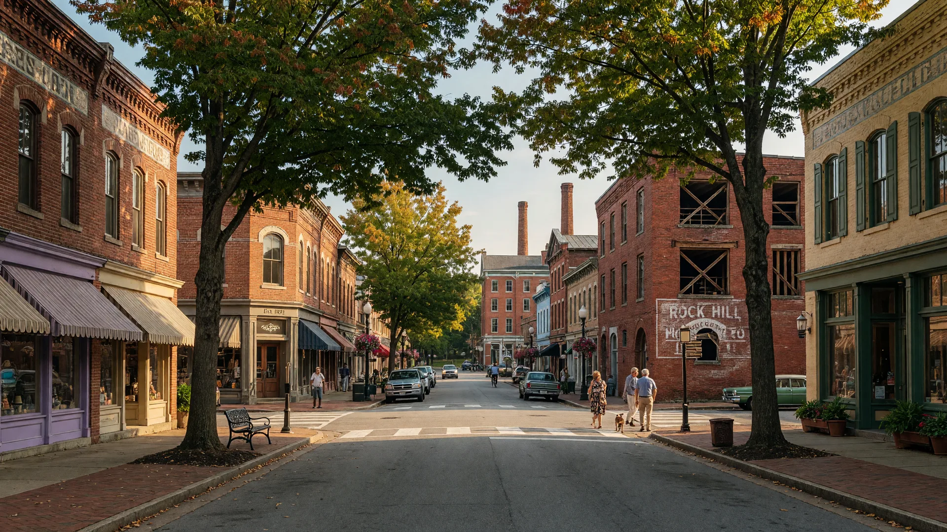Rock Hill South Carolina's charming historic downtown Old Town with brick storefronts and tree-lined streets