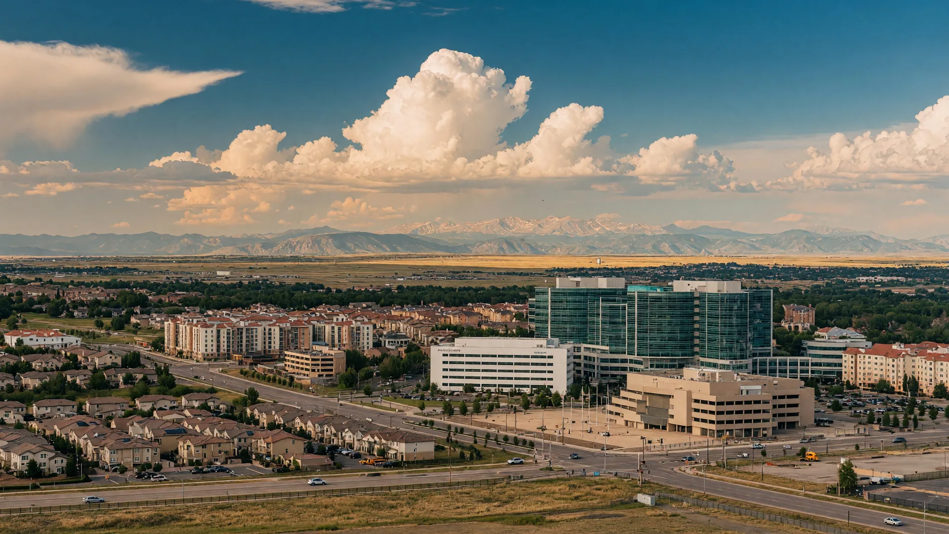 Aurora cityscape with the eastern plains stretching forward and the distant Rocky Mountain Front Range on the horizon — flat terrain with mountain backdrop