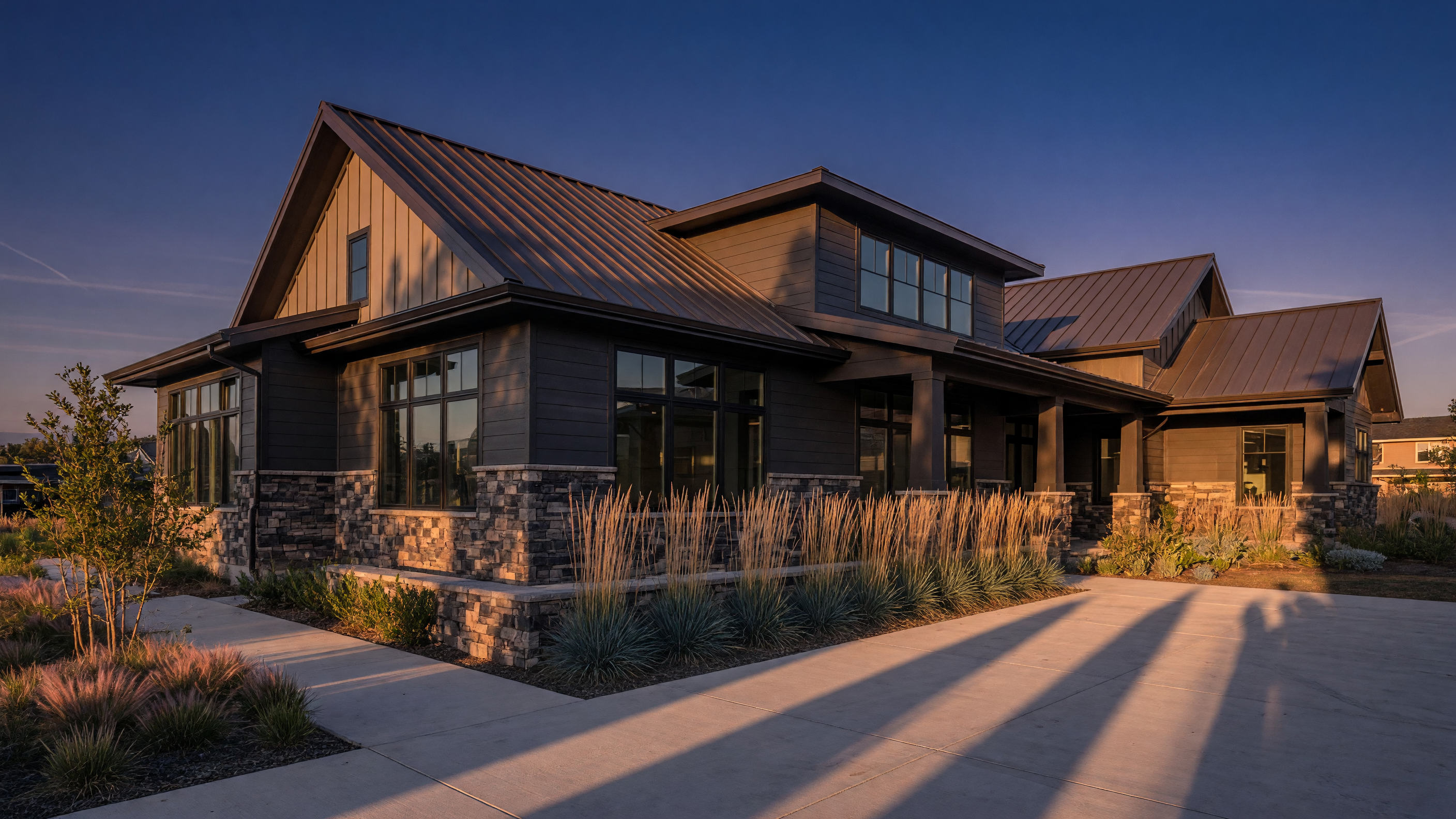 Modern new-construction craftsman home at golden hour with stone and siding details