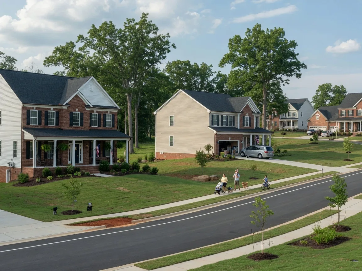 New construction homes in Fredericksburg Virginia with traditional and colonial-style architecture, brick and siding exteriors, set in a family master-planned community
