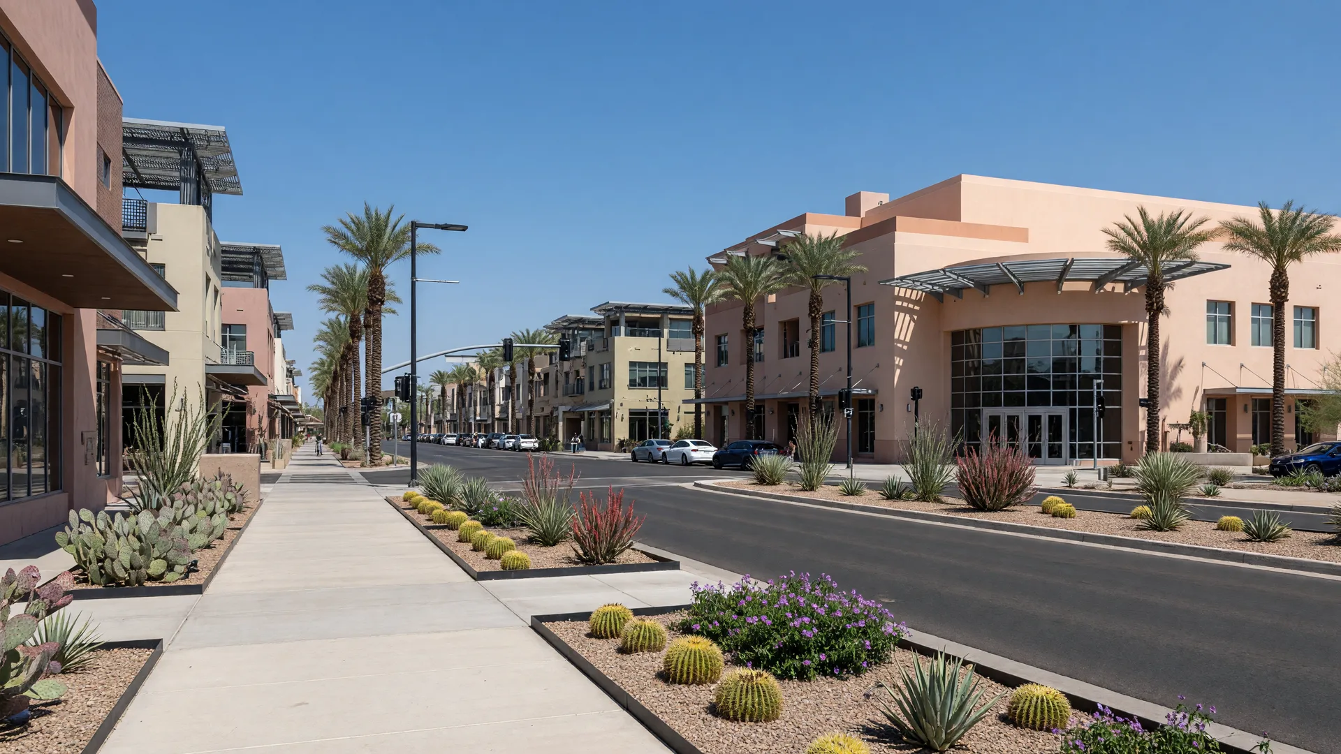 Chandler Heritage District downtown with the Chandler Center for the Arts, modern suburban downtown, and palm-lined streets