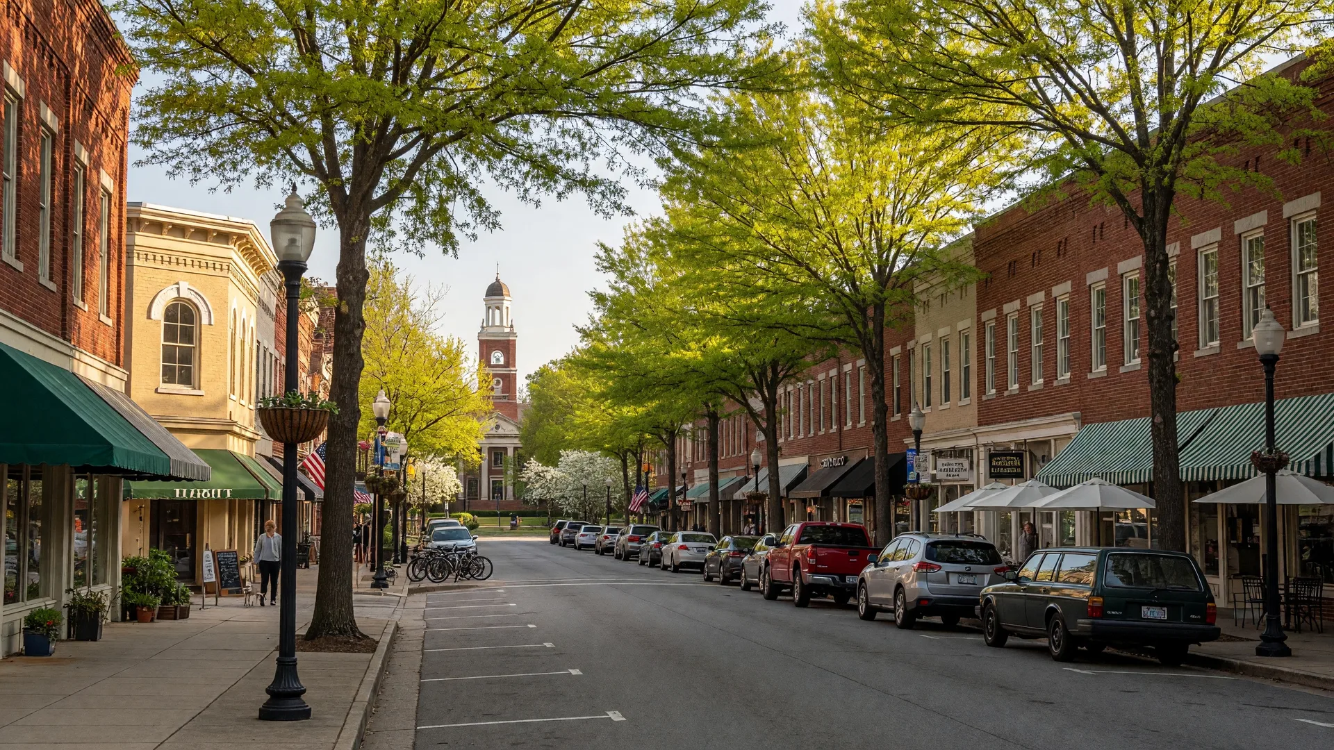 Historic downtown Wake Forest, North Carolina along South White Street with brick storefronts, awnings, tree-lined sidewalks, and a classic small-town Main Street feel