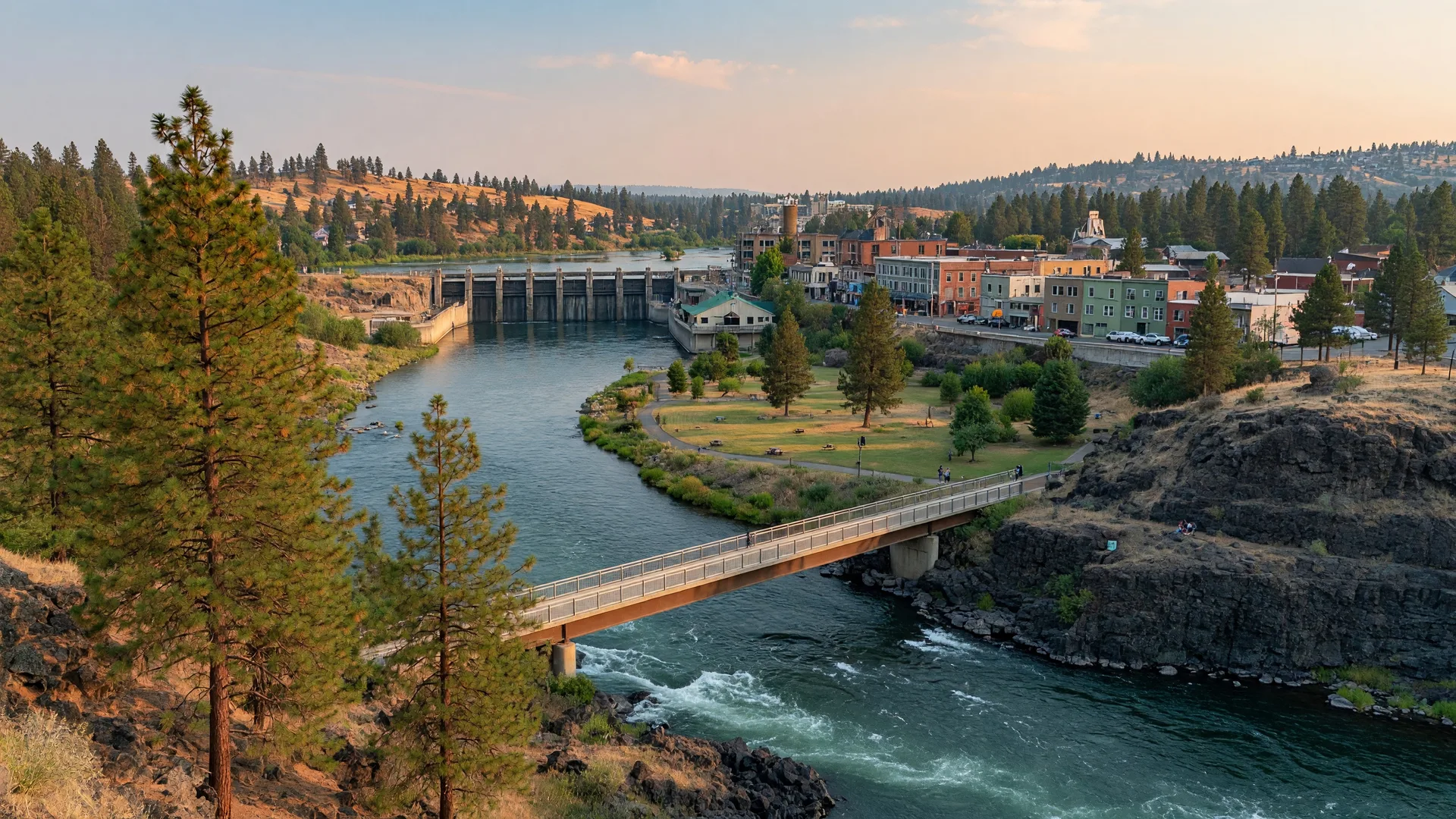 Post Falls Idaho along the Spokane River with Q'emiln Park's rocky bluffs, river rapids, and ponderosa pines framing the view on a clear summer afternoon