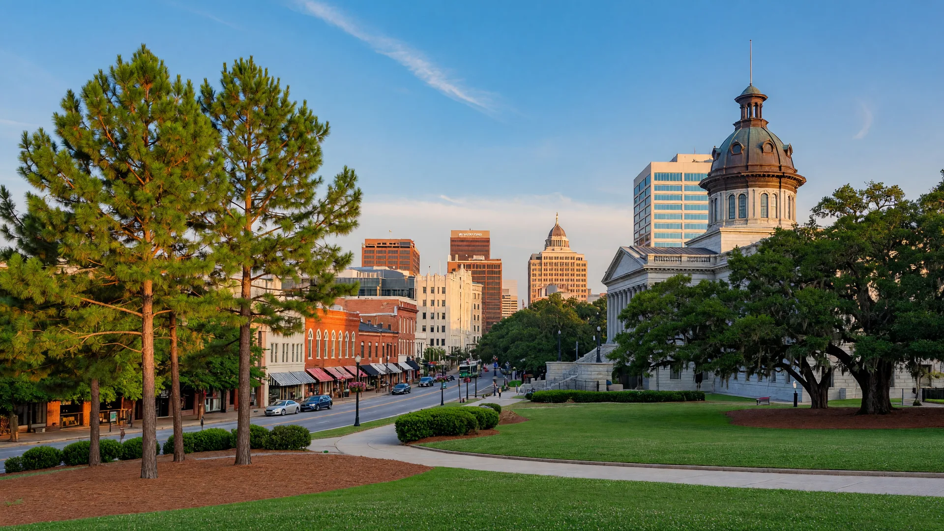 Columbia South Carolina downtown skyline with the State House bronze dome and tree-lined grounds