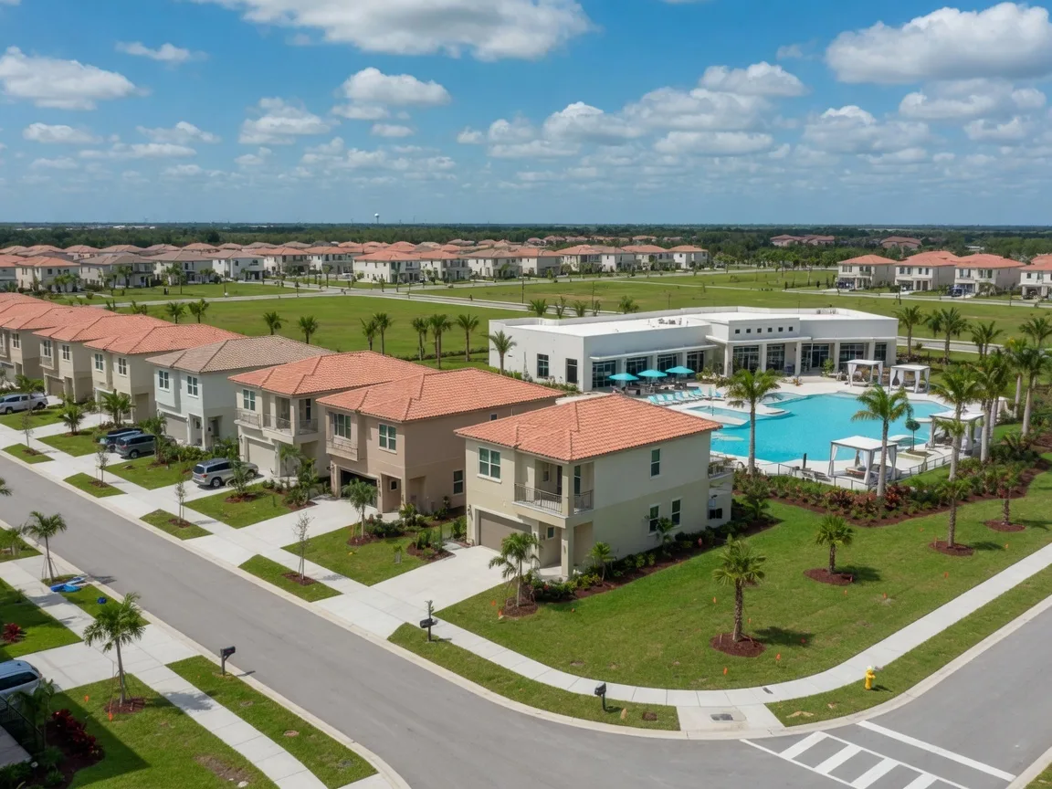 New construction master-planned community near Lakeland, Florida with stucco homes, tile roofs, and palm trees on flat terrain