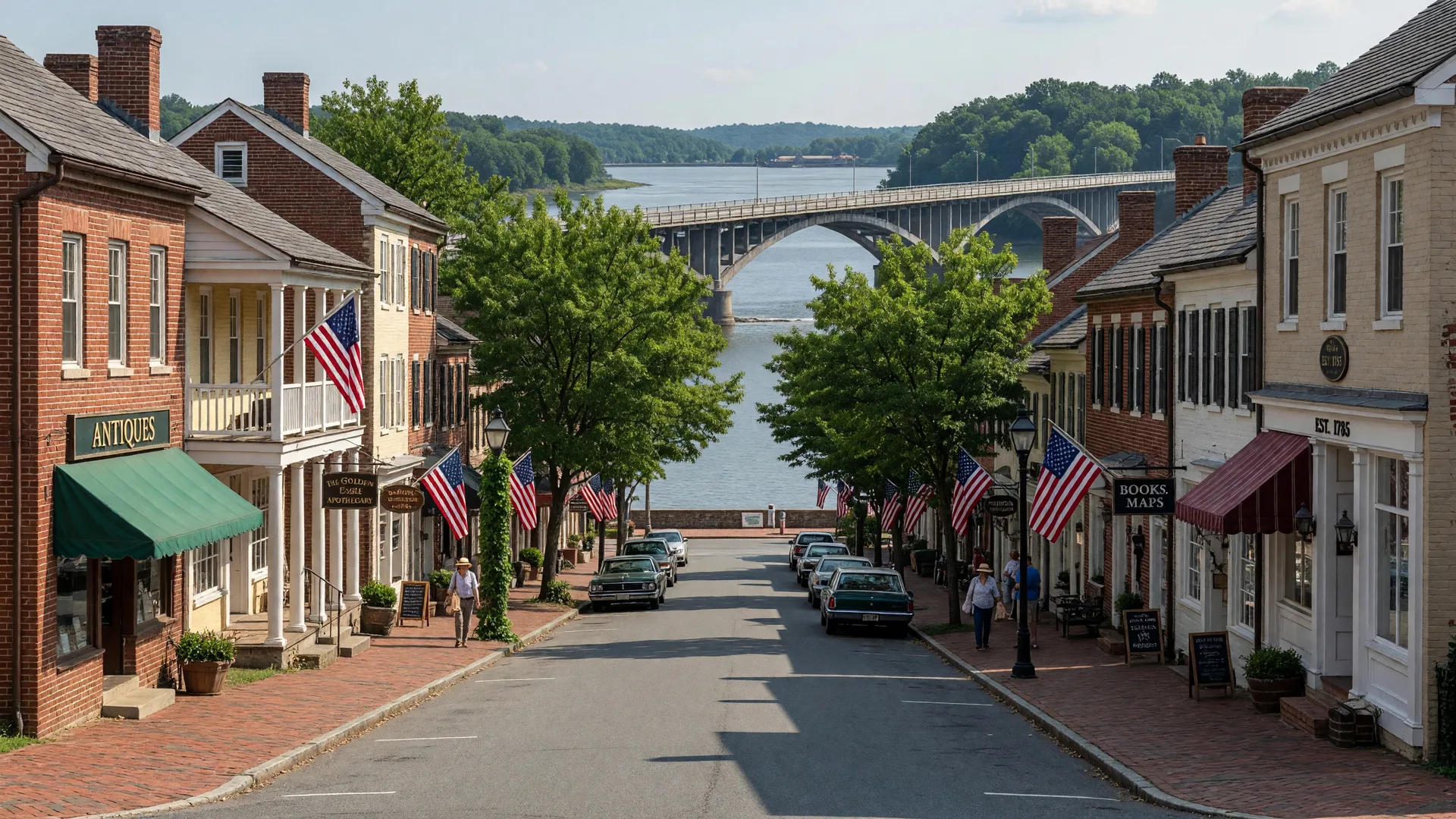 Fredericksburg Virginia historic downtown Caroline Street with colonial-era shops and storefronts, brick sidewalks, and the Rappahannock River in the background