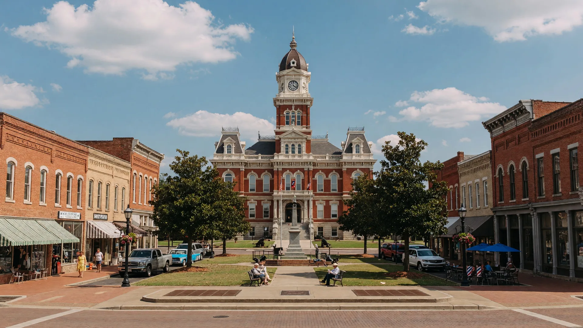 Murfreesboro Tennessee's historic downtown square with the Rutherford County courthouse and historic buildings