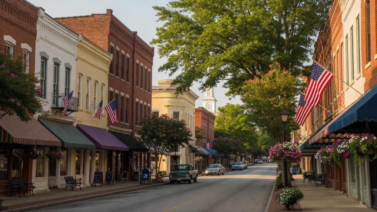 Charming downtown Apex, North Carolina storefronts along tree-shaded Salem Street on a sunny afternoon