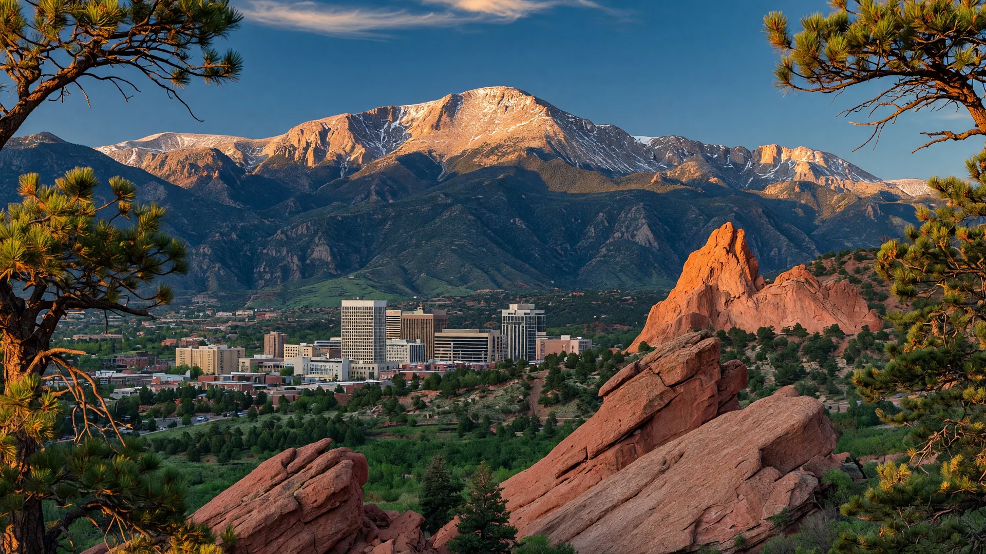 Colorado Springs downtown with Pikes Peak dramatically dominating the skyline behind the city — America's Mountain rising above the urban landscape