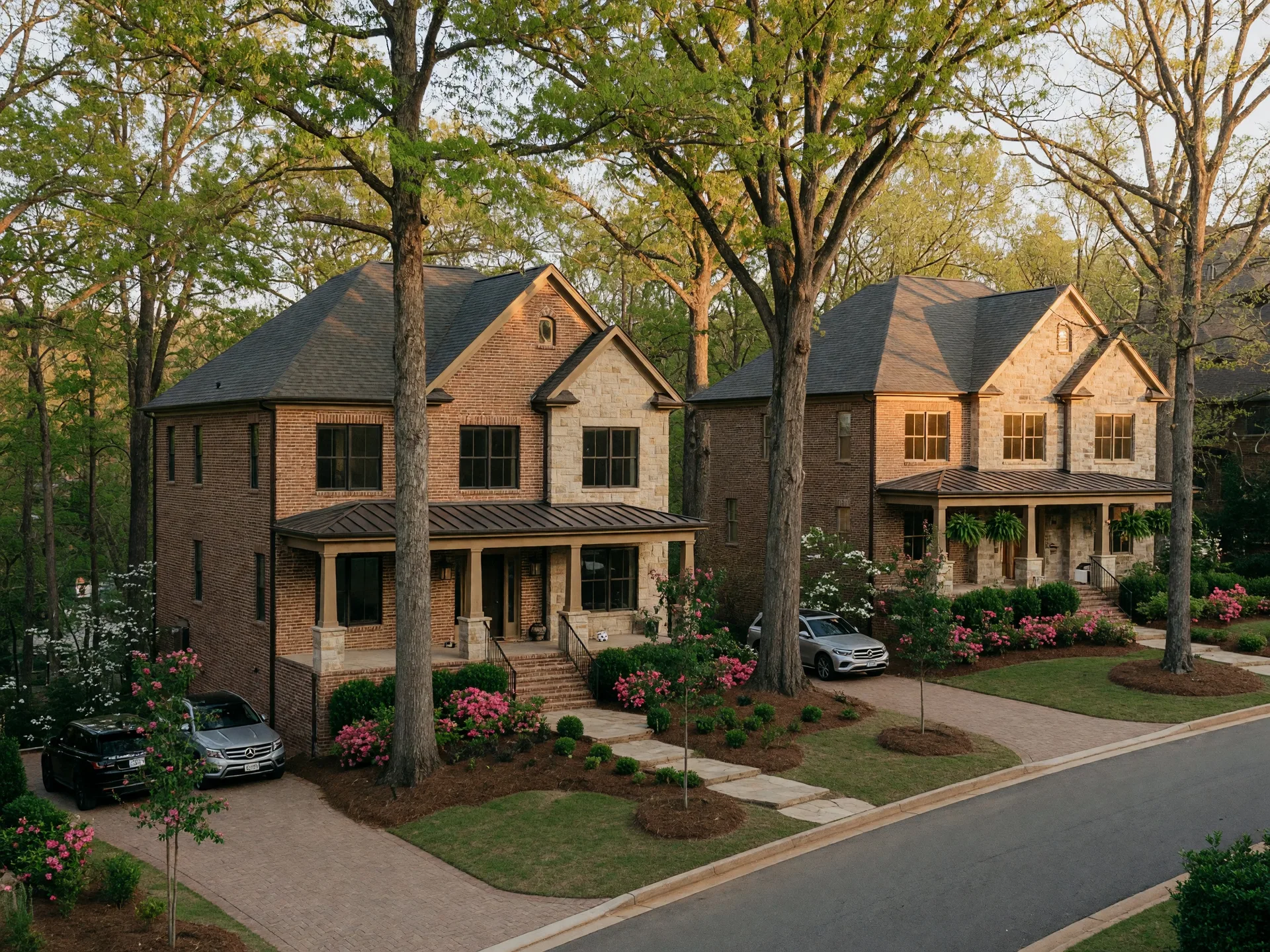 New construction luxury transitional homes in Sandy Springs on wooded lots with mature hardwoods and Chattahoochee River corridor character