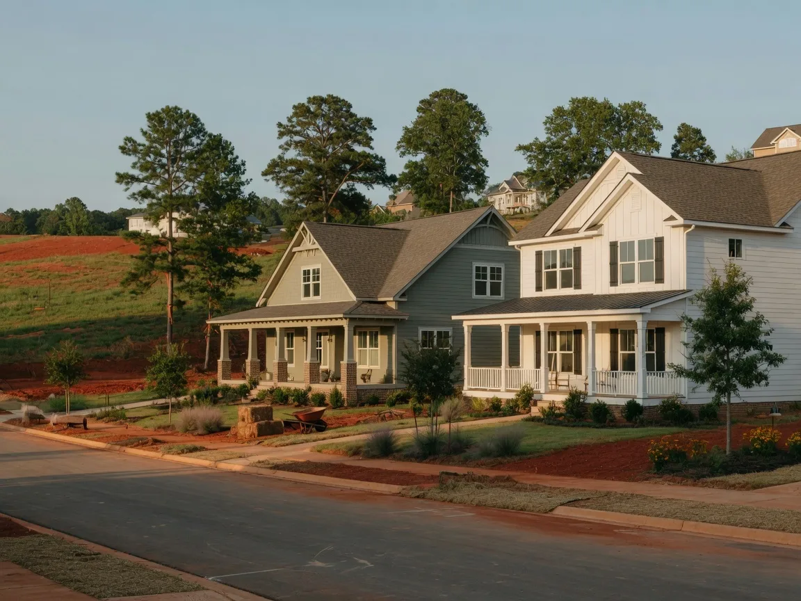 New construction craftsman and farmhouse-style homes in Newnan with rolling Piedmont hills and mature trees