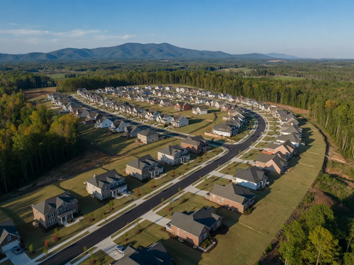 New construction master-planned community in the Greenville SC foothills with brick and stone homes, rolling terrain, and mountain views