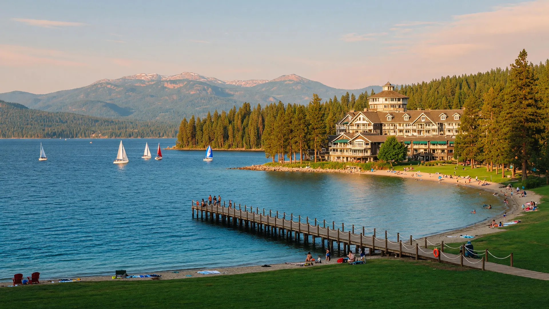 Sandpoint Idaho's Lake Pend Oreille waterfront with the public pier, downtown buildings along the shoreline, and Schweitzer Mountain rising in the background