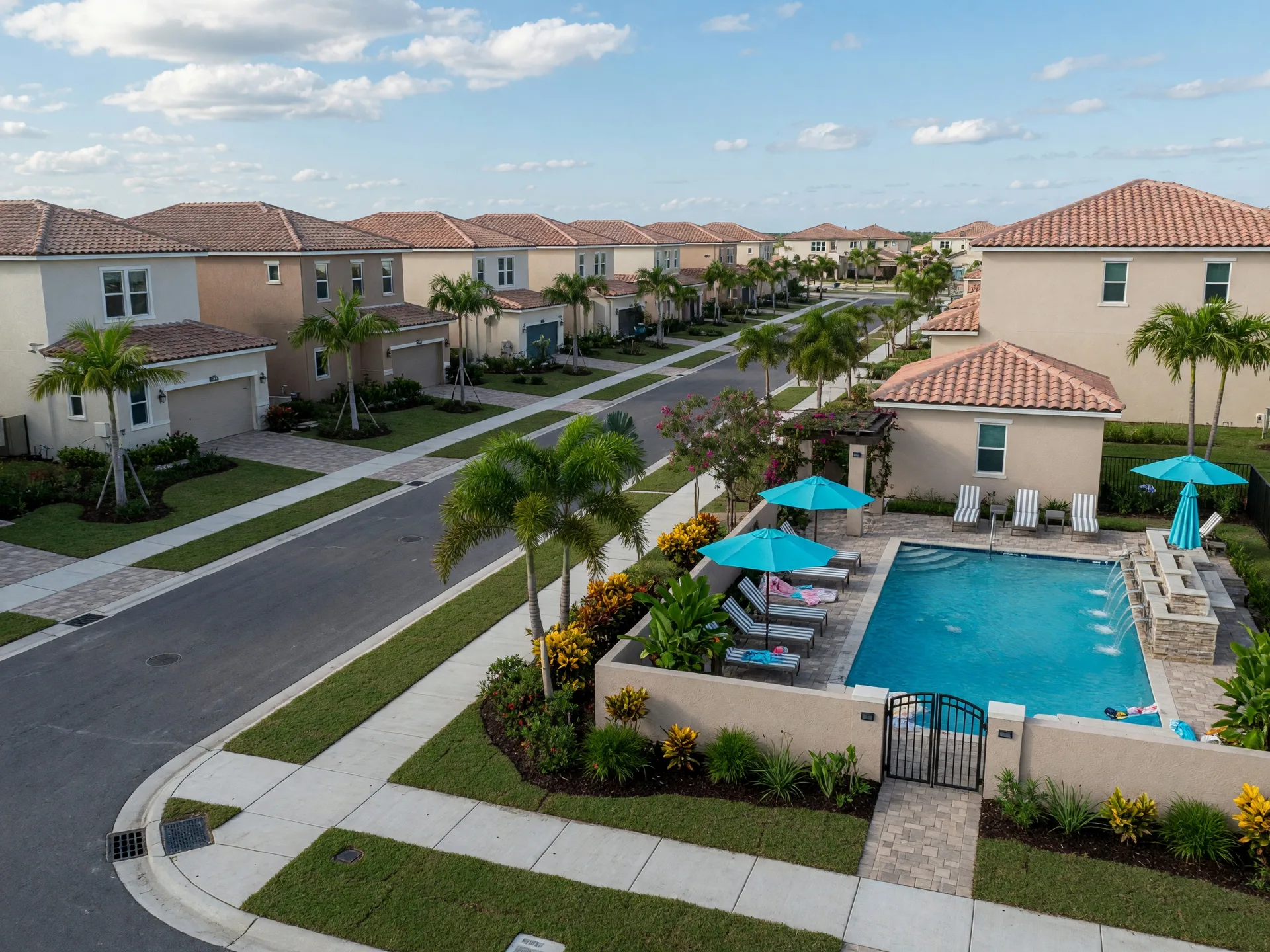 New construction stucco homes in Wesley Chapel, Florida with tile roofs and tropical landscaping