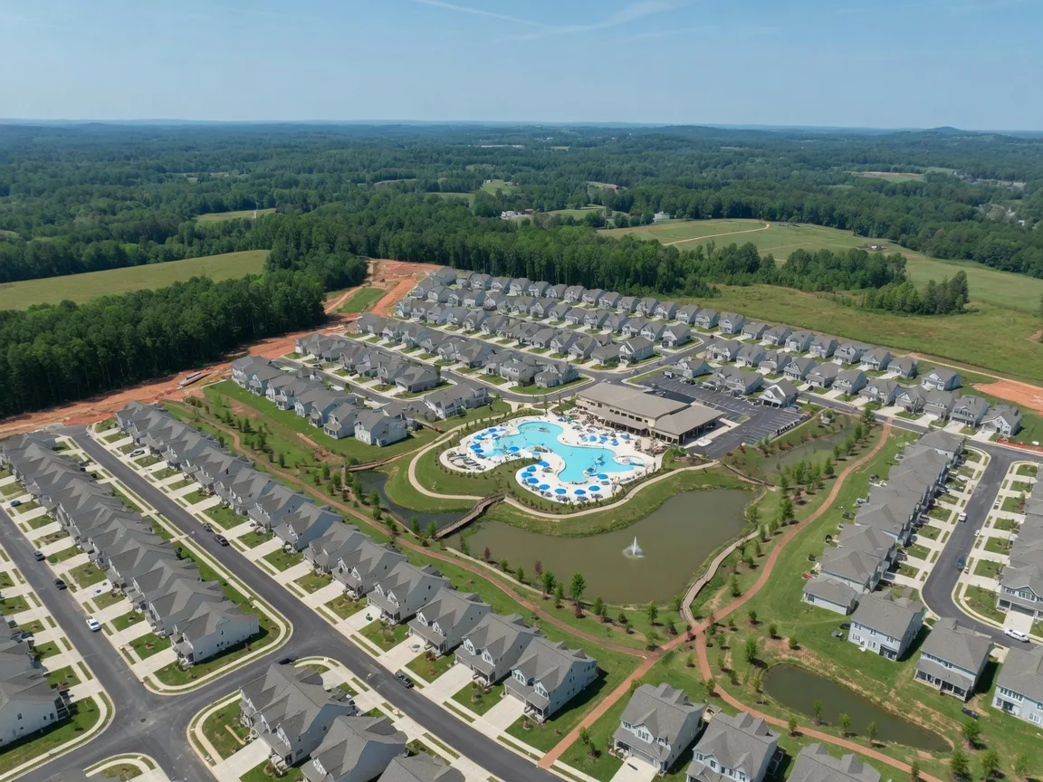 Aerial view of a master-planned new construction community in Wake Forest, North Carolina with single-family homes, green spaces, and walking trails