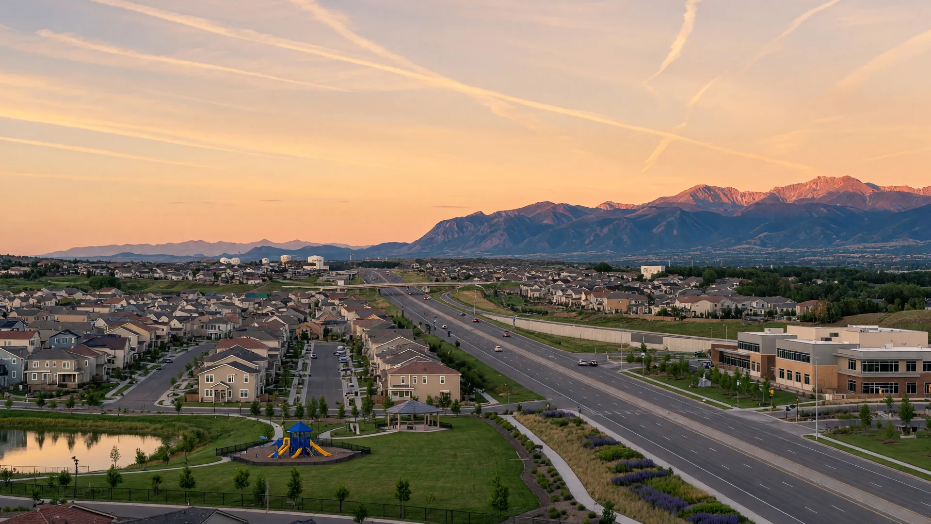 Thornton north-metro suburban setting with Front Range mountain backdrop visible to the west, modern suburban development along I-25 corridor