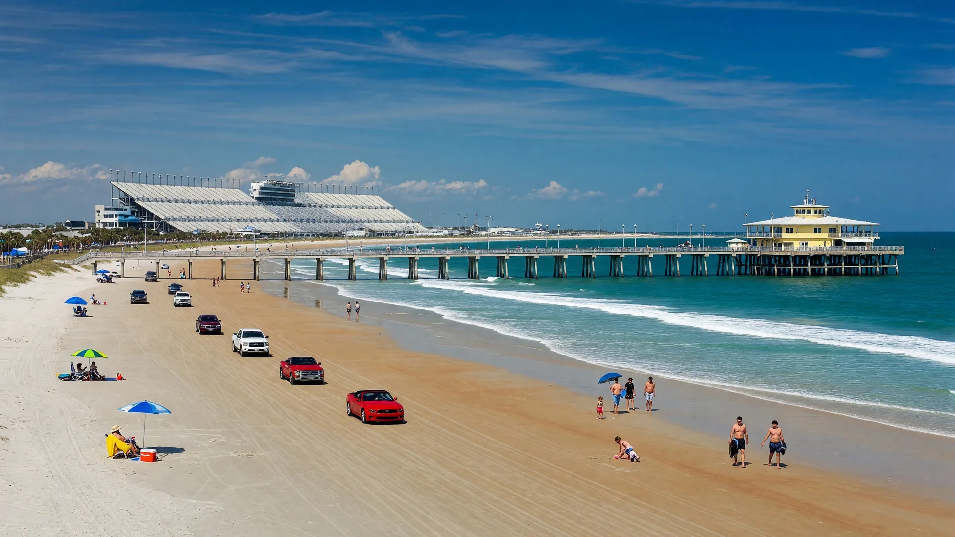 Daytona Beach shoreline with the famous beach driving area, pier, and Daytona International Speedway visible in the distance under a bright blue sky