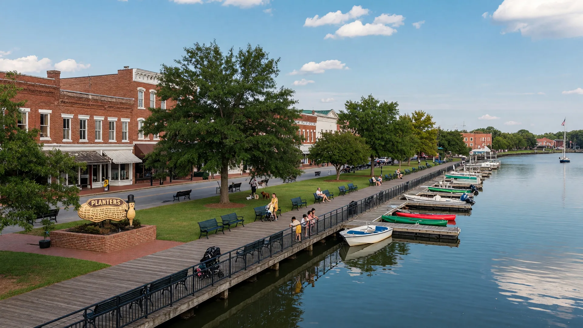 Suffolk Virginia downtown waterfront on the Nansemond River with a boardwalk, park benches, and historic buildings, small boats moored at the dock