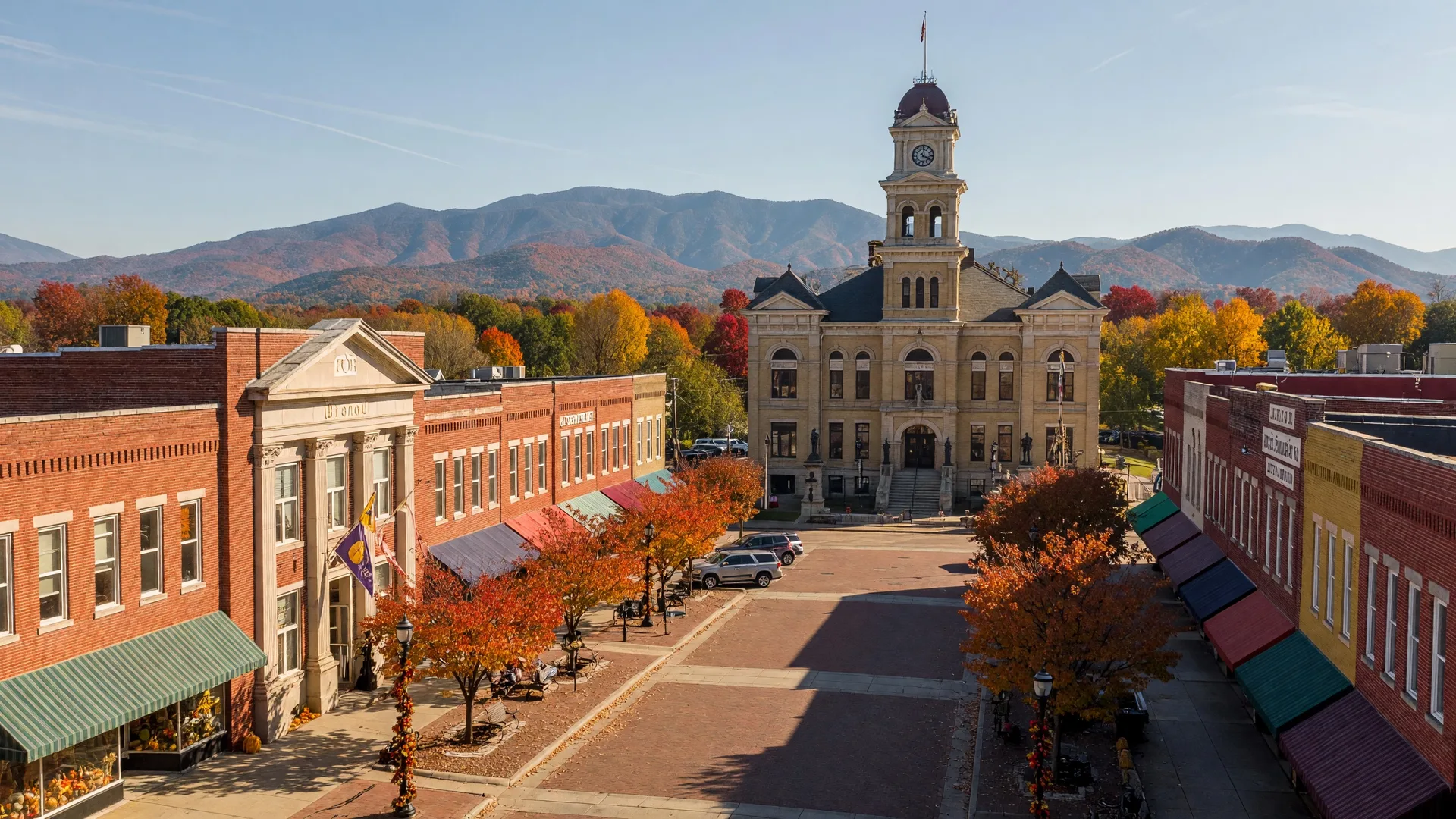 Gainesville's historic downtown square with the Hall County courthouse and North Georgia mountain foothills in the background