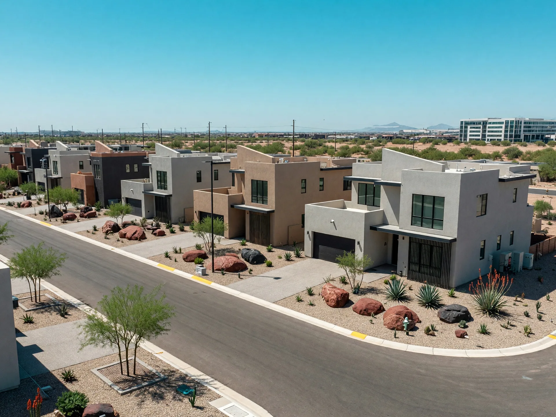 New construction tract homes on the flat plains east of Denver in Aurora — wide open skies, modern suburban neighborhood, mountains in the distance