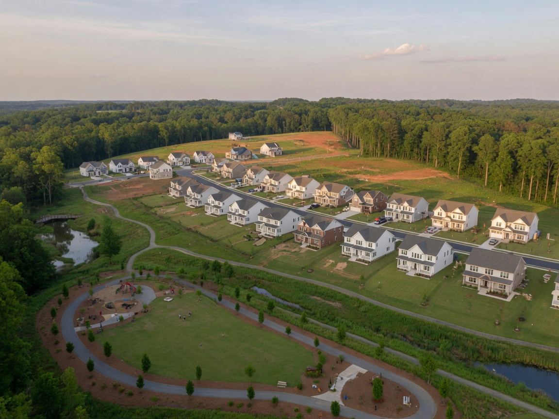 Aerial view of a master-planned new construction community in the Durham, North Carolina area