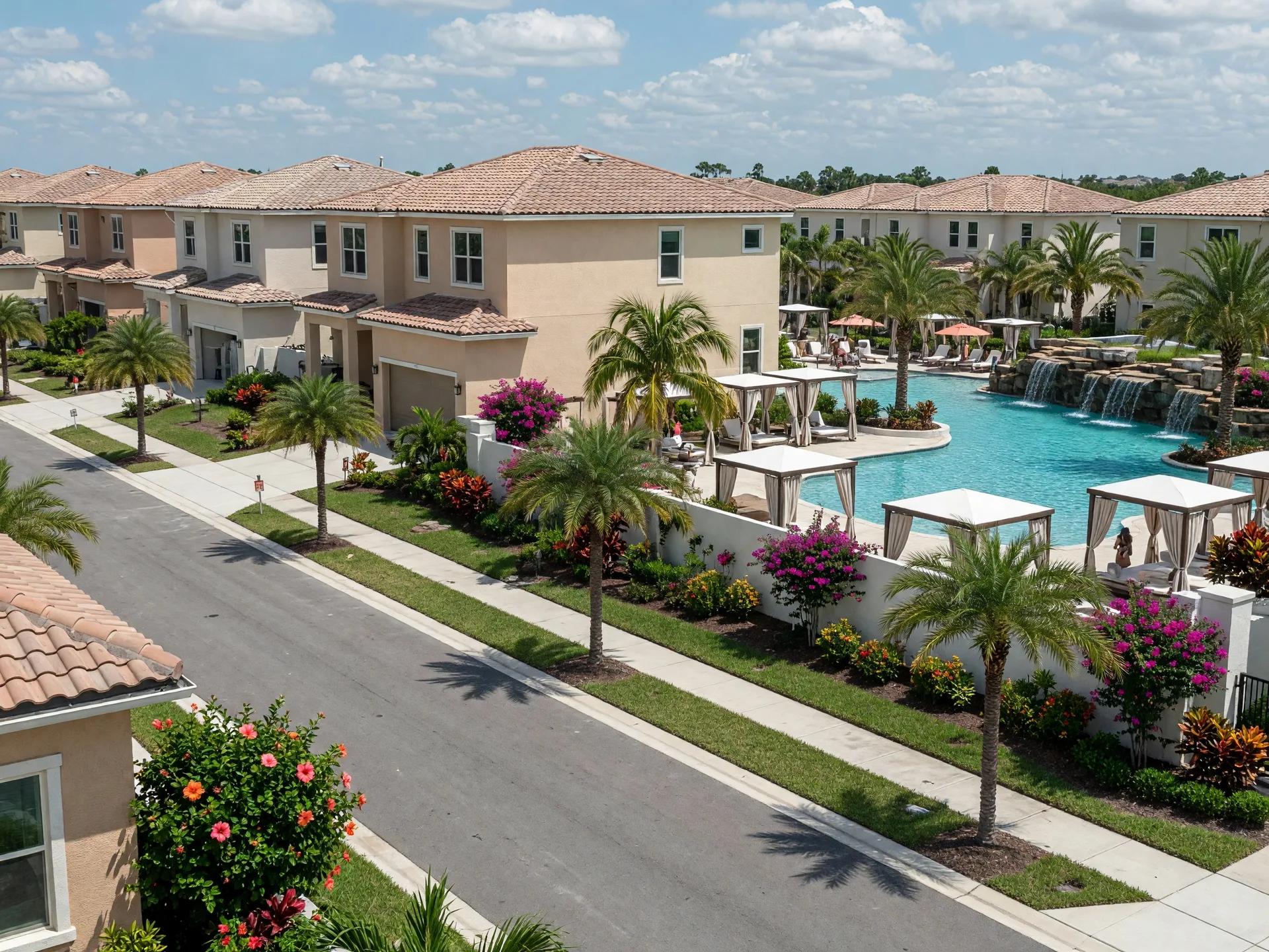 New construction homes in Lake Nona, Florida with palm trees and a resort-style community pool